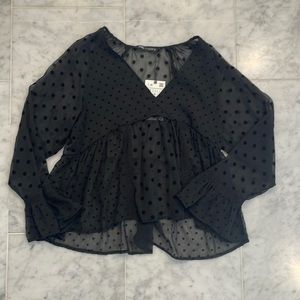 Zara Black Sheer Polka Dot Bell Sleeve Blouse M NWT